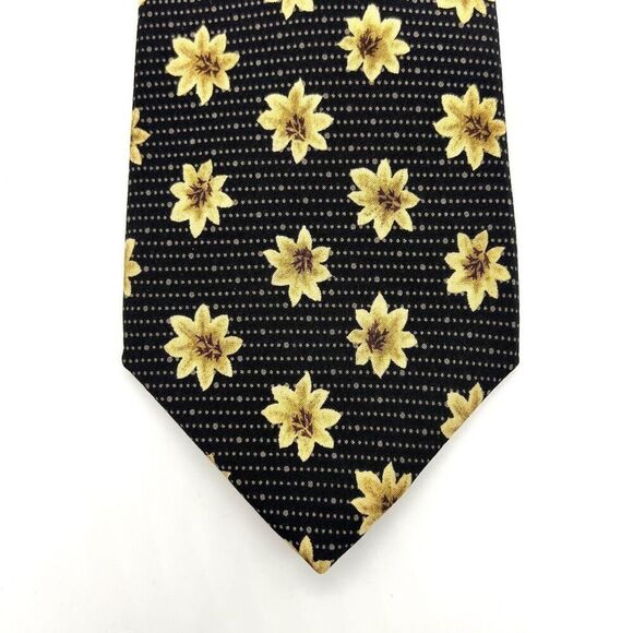 XMI Signature Floral Silk Tie Made in USA Black and Light Yellow - Picture 2 of 7